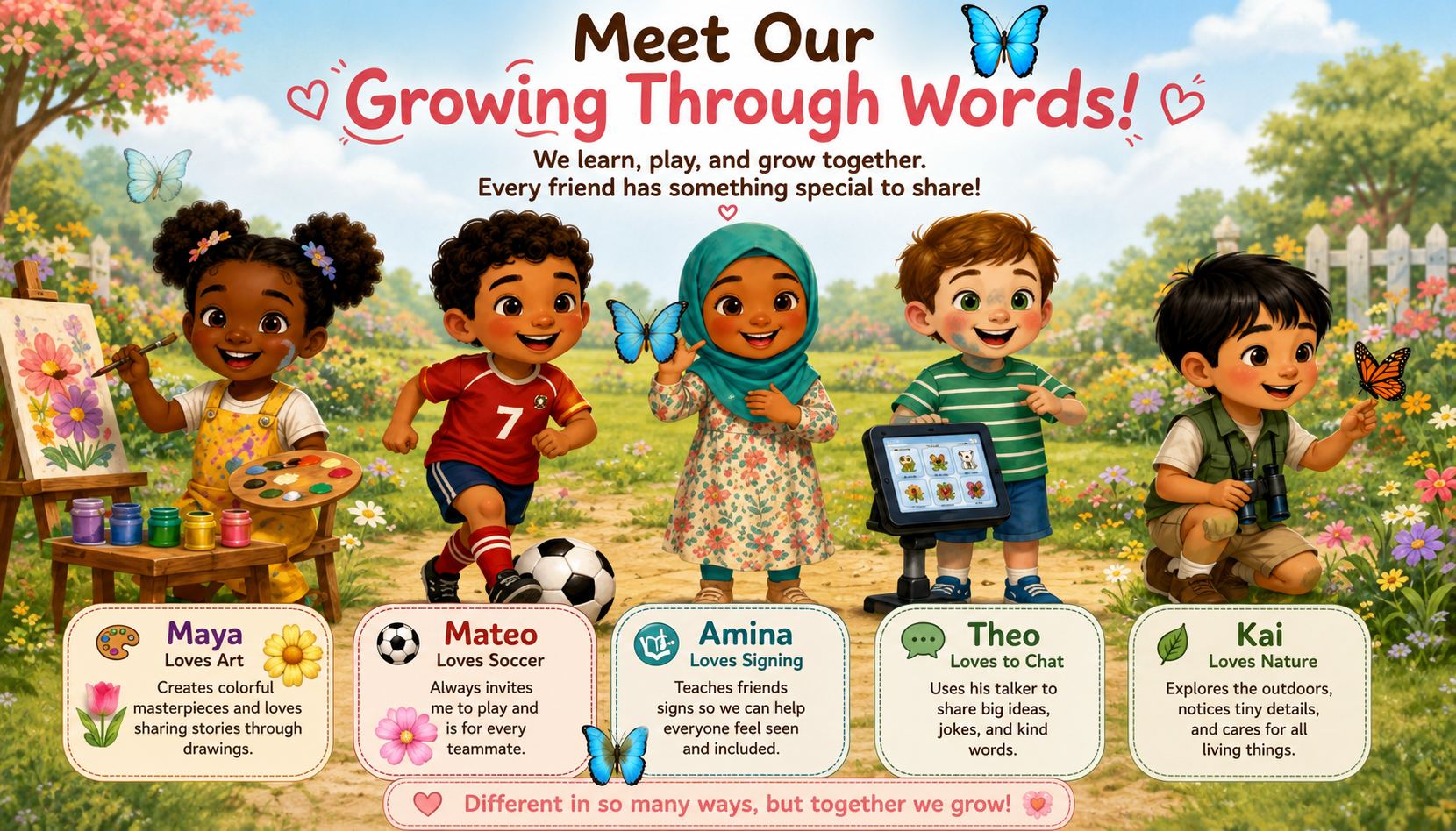 Maya loves art, Mateo loves soccer, Amina loves signing, Theo loves to chat, and Kai loves nature, together in a flower garden