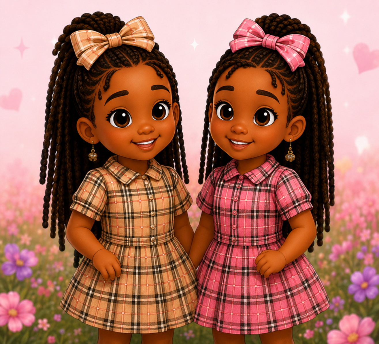 Nia in her pink plaid dress with a matching pink plaid bow, holding hands with Zuri in her tan plaid dress and matching tan plaid bow, both with beaded braids in a flower field