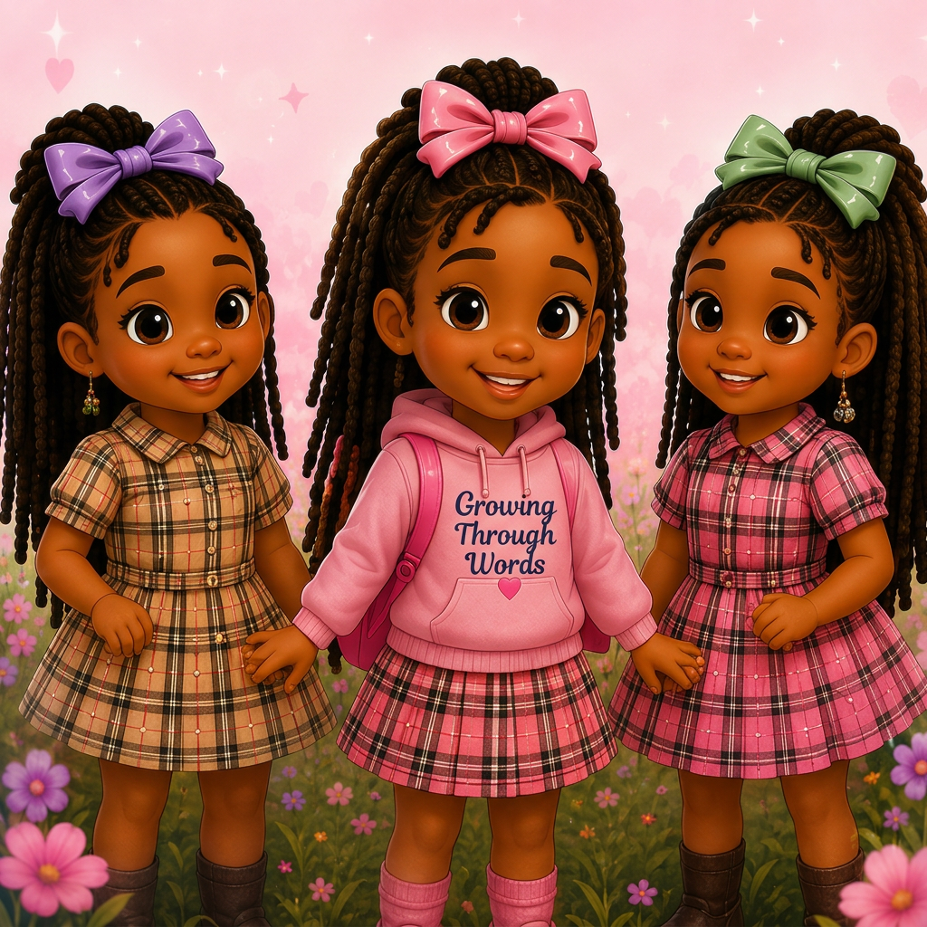 Zuri in her tan plaid dress, Wren in the middle wearing her pink signature hoodie and plaid skirt, and Nia in her pink plaid dress, standing together in a flower field