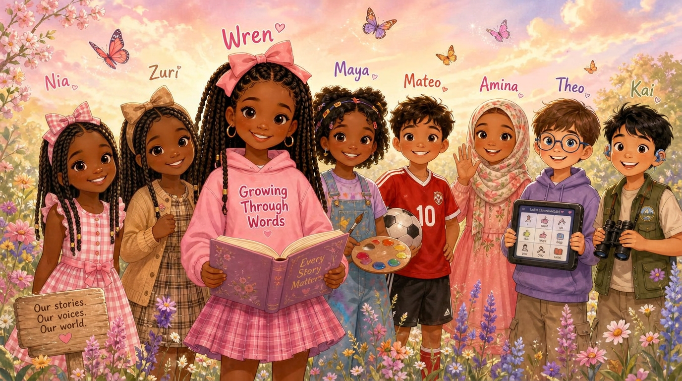 The Growing Through Words world: Wren at the center in her pink signature hoodie holding an open storybook, Nia in her pink bow and hoodie hugging a stack of books, Zuri in her tan bow and cardigan with a magnifying glass, Maya with her paint palette, Mateo with a soccer ball, Amina signing hello in a floral hijab, Theo laughing beside his talker and Kai with binoculars watching butterflies